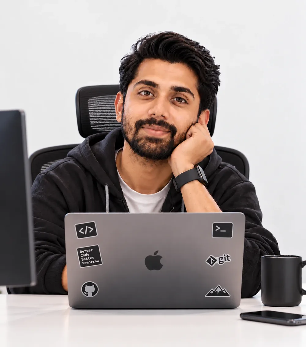 Hasan at his desk with a sticker-covered laptop